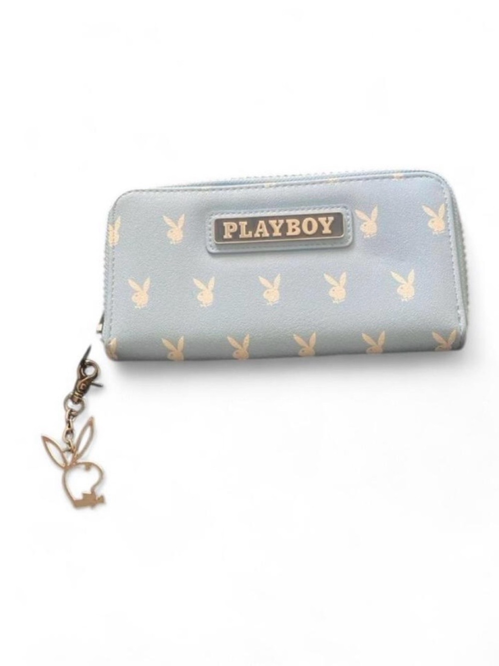 PLAYBOY Light Blue Bunny Zip Wallet with Charm